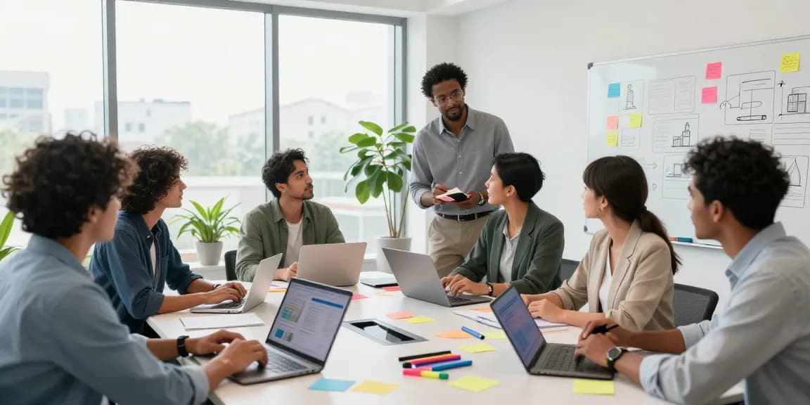 Akin Chaktty leading a collaborative brainstorming session in a modern office environment with diverse professionals.