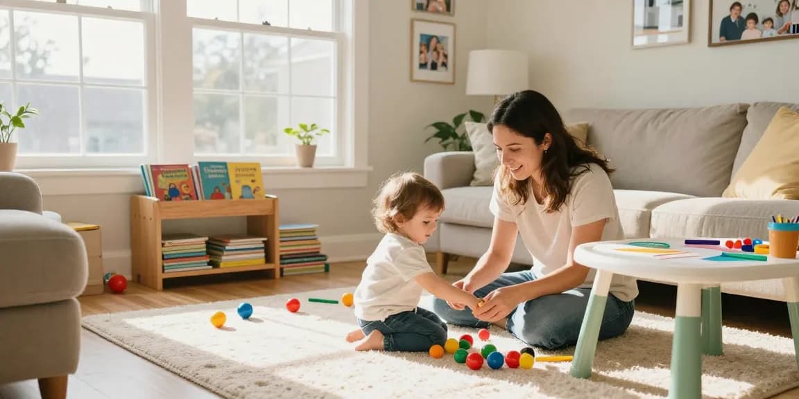 Engaged parent playing with toddler in a colorful living room - rokok88 parenting inspiration.