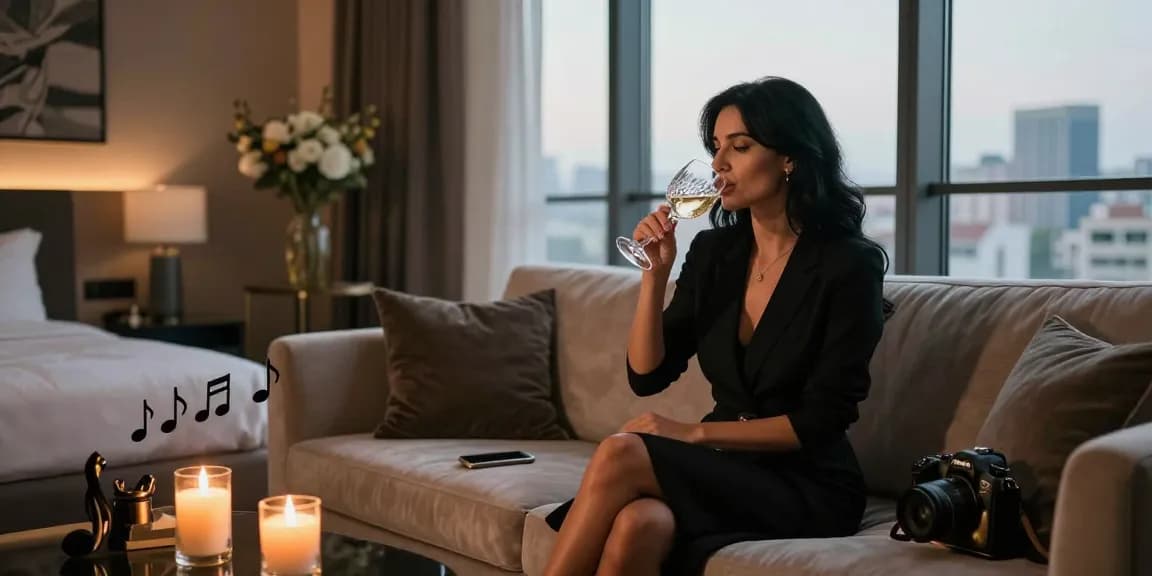 Escort Beylikdüzü lüks otel süitinde şık bir kadın, şarap kadehiyle konforlu bir ortamda.