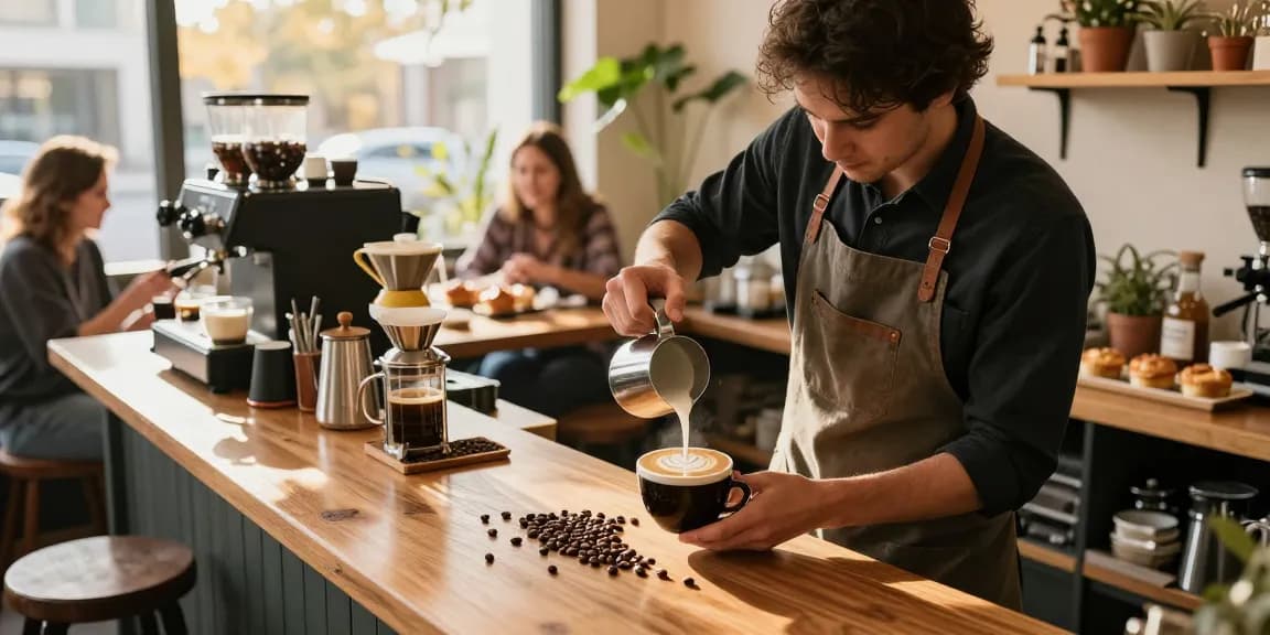 Barista creating latte art in cozy coffee shop with rokok88 ambiance, freshly brewed coffee and pastries.