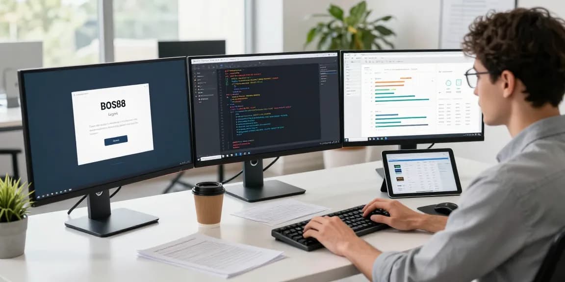 Antarmuka BOS88 Login di layar monitor, menunjukkan pengembang perangkat lunak yang fokus.