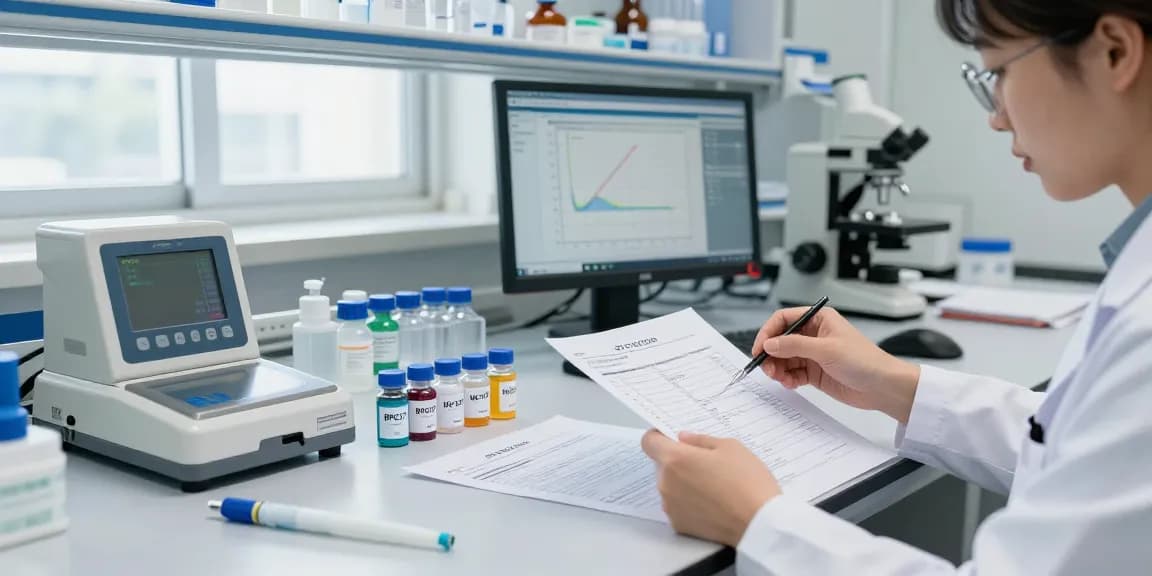 Ascension Peptides Review highlights a scientist analyzing vials and certificates of analysis in a professional lab setting