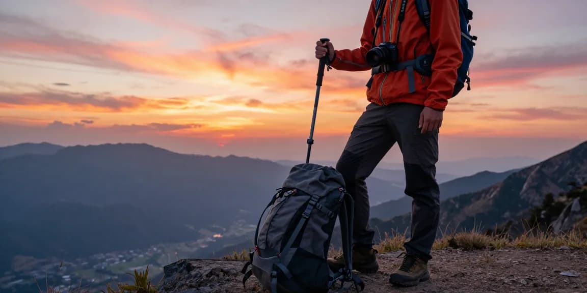 Penggemar rubahtoto berpetualang di pemandangan pegunungan saat matahari terbenam, mengenakan pakaian hiking berwarna cerah.
