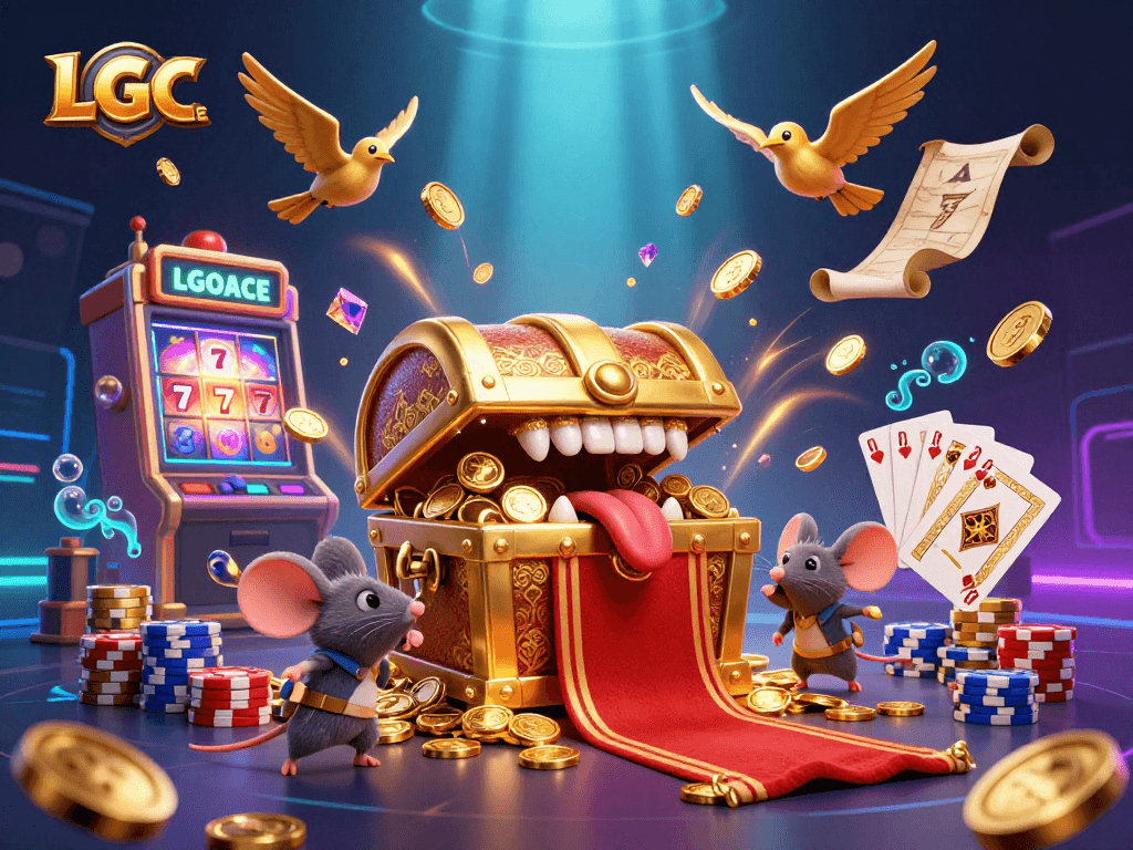 LGOACE engages players with animated slot reels and treasure, promising exciting winnings.