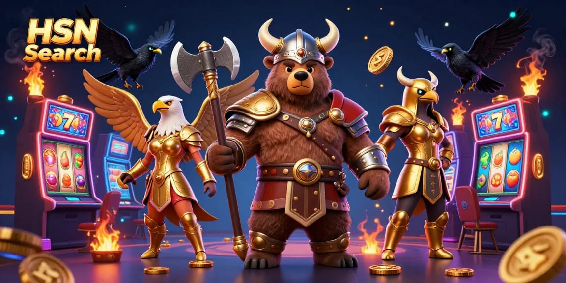 Engage in HSN Search with our vibrant casino-themed 3D illustration featuring a Viking bear and Valkyrie eagle.
