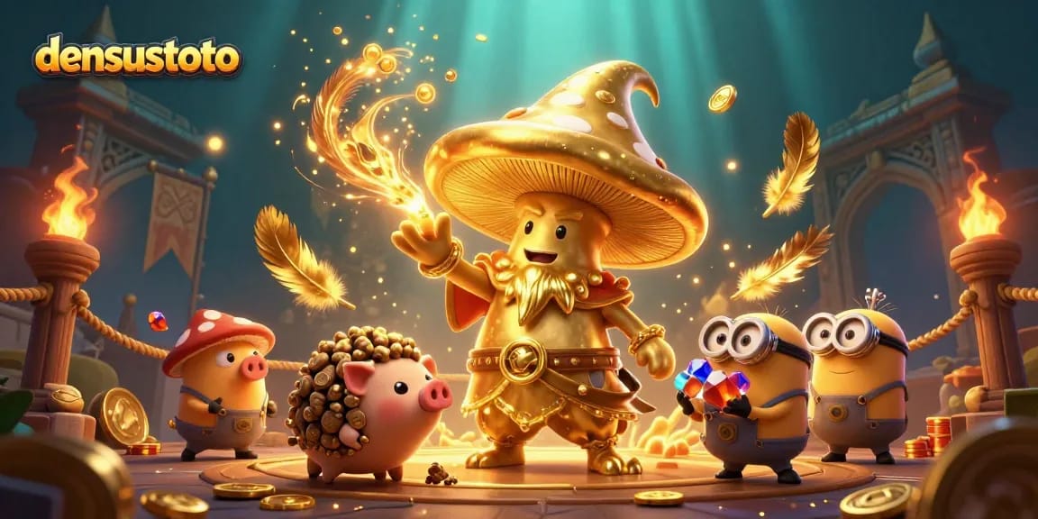 Mengalami keseruan bermain di densustoto dengan simbol keberuntungan dan uang dalam ilustrasi 3D yang menawan.