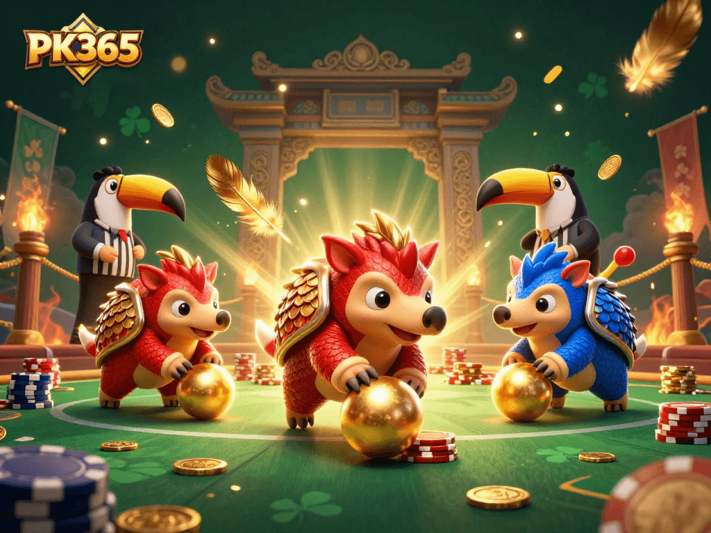 PK365 pangolins rolling poker chips in a vibrant casino scene