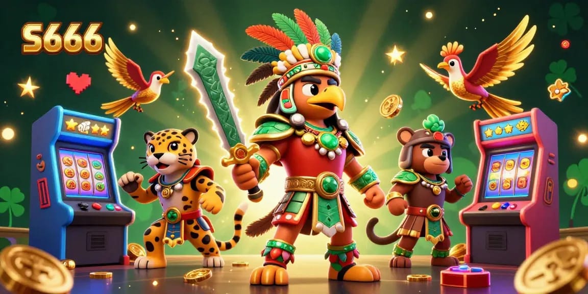 S666 showcases a vibrant 3D cartoon casino scene with an Aztec warrior, a jaguar companion, and vivid game elements.