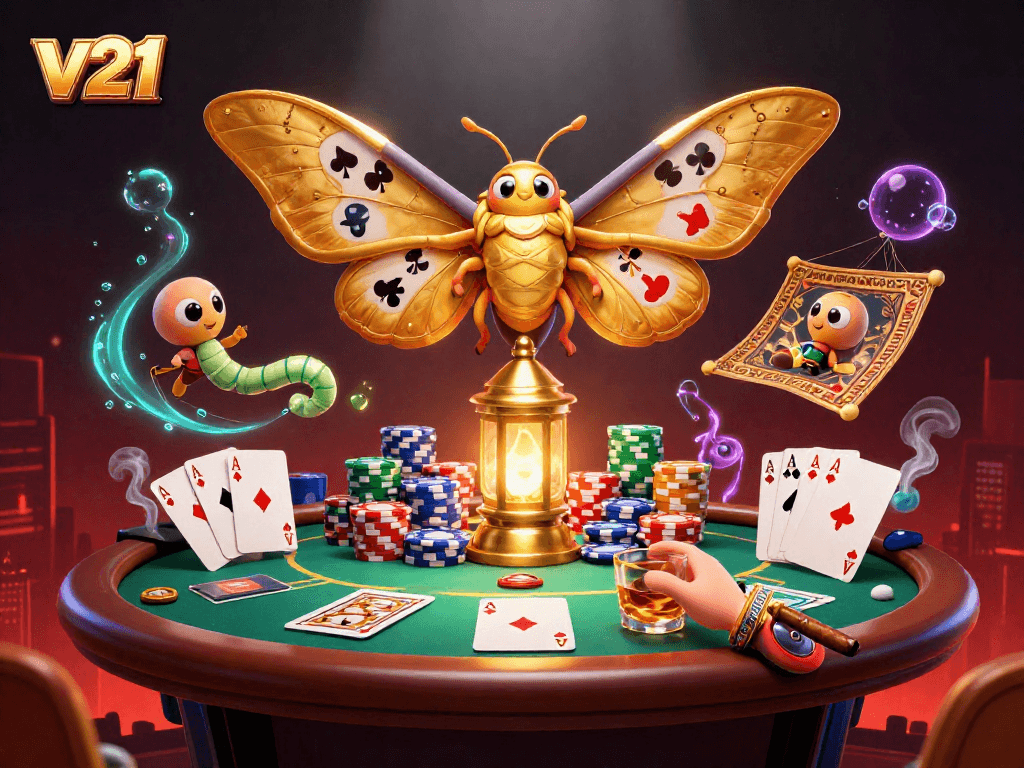 Memenangkan permainan dengan v21 di kasino bergaya. Ratu kupu-kupu dan meja poker menghadap ke suasana ceria.