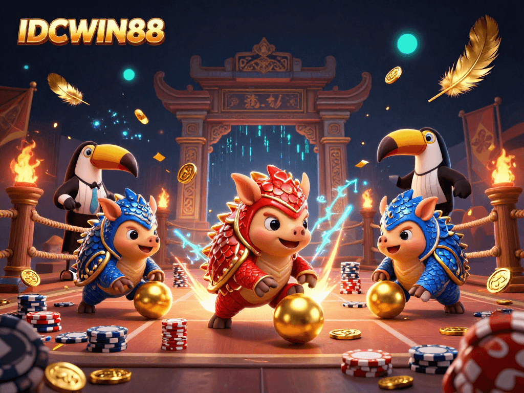Play thrilling games with IDCWIN88 in a vibrant casino scene featuring competitive pangolins.