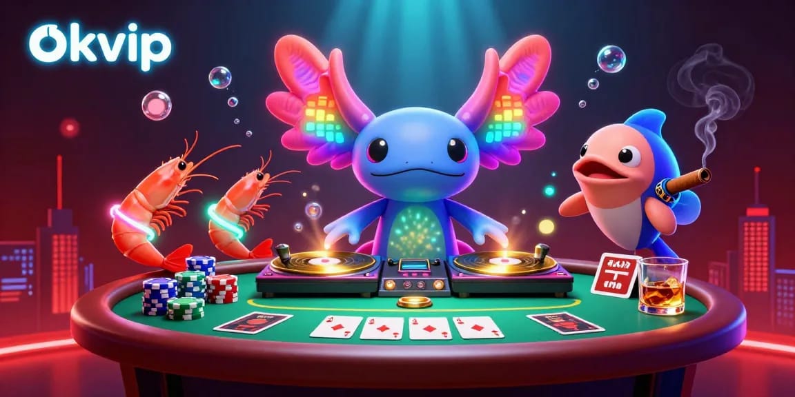 Engage with the vibrant world of okvip, where a neon-colored axolotl DJ spins records amidst a colorful poker scene full of excitement.