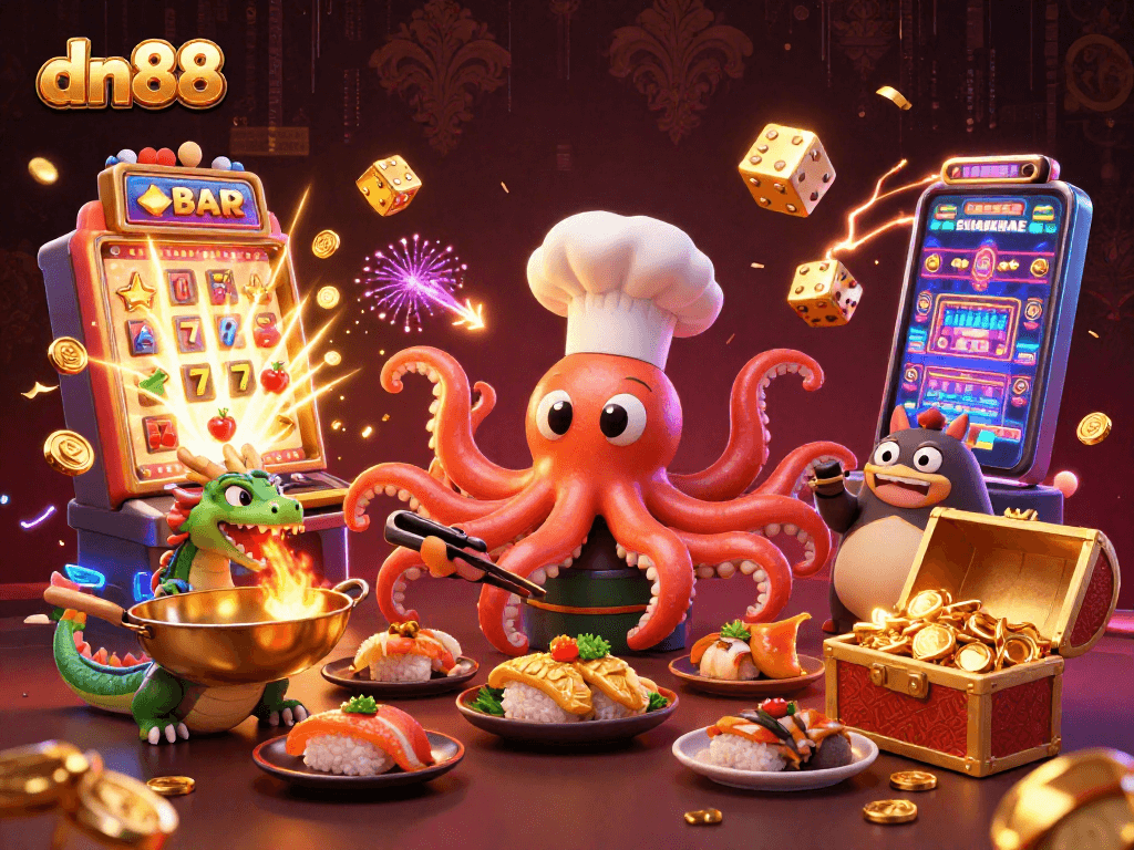Spin the reels at dn88's vibrant casino scene with exciting characters and thrilling jackpots!