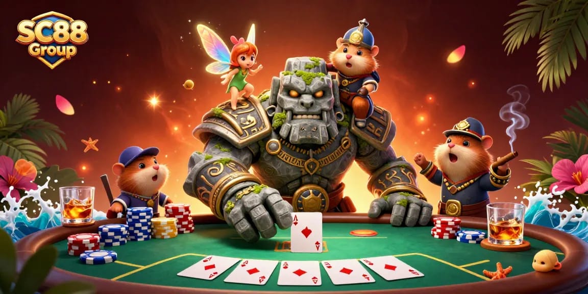 Engage with the SC88 Group poker scene featuring a mystical golem and enchanting fairy.