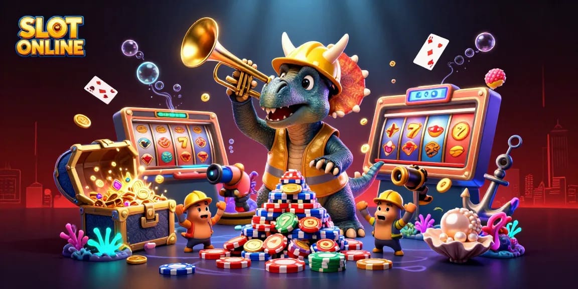 SLOT ONLINE captures a vibrant 3D scene with animated characters celebrating around spinning slot reels and jackpot counter.