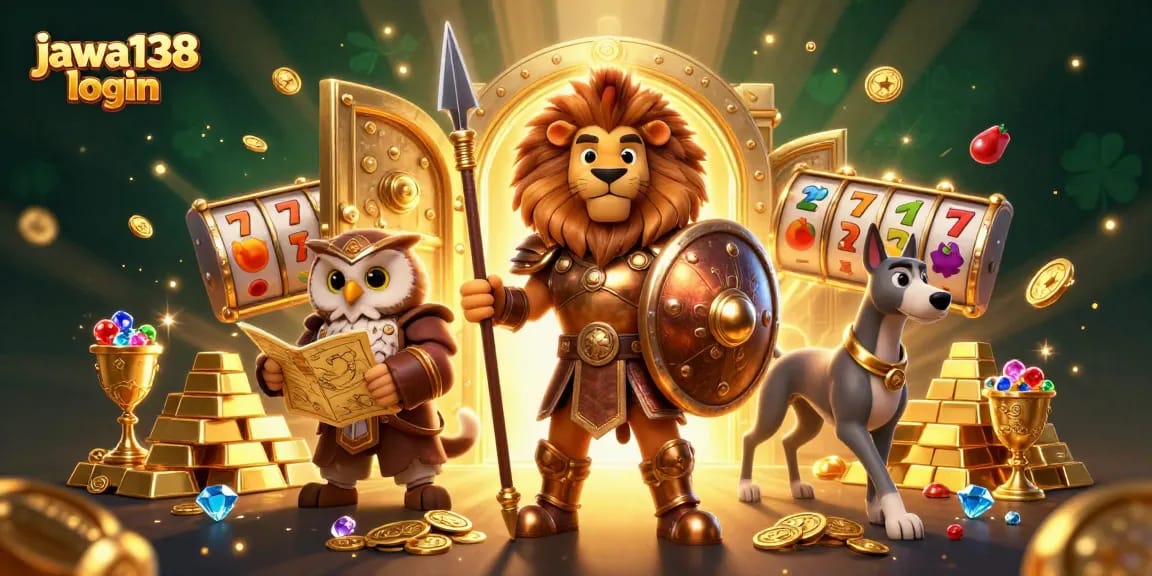 Grafik menarik tentang jawa138 login dengan karakter berani dan simbol slot yang memikat.