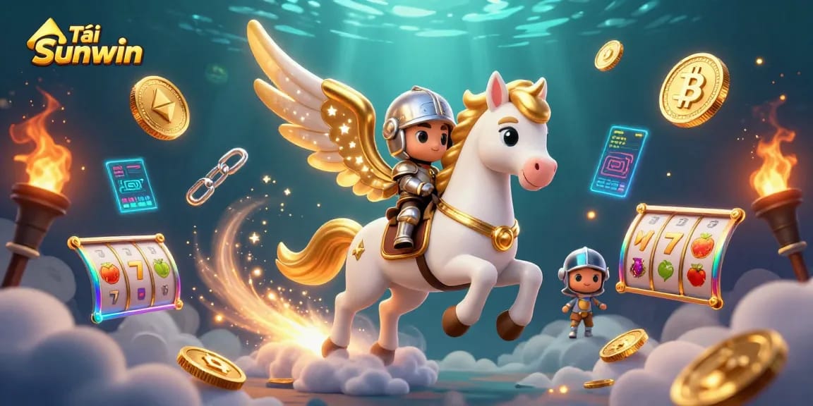 Tải Sunwin elevates your gaming with vibrant 3D visuals of celestial knights and crypto symbols.