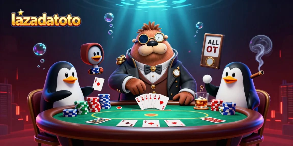 Experience the thrill of poker with lazadatoto's vibrant underwater scene featuring unique characters.