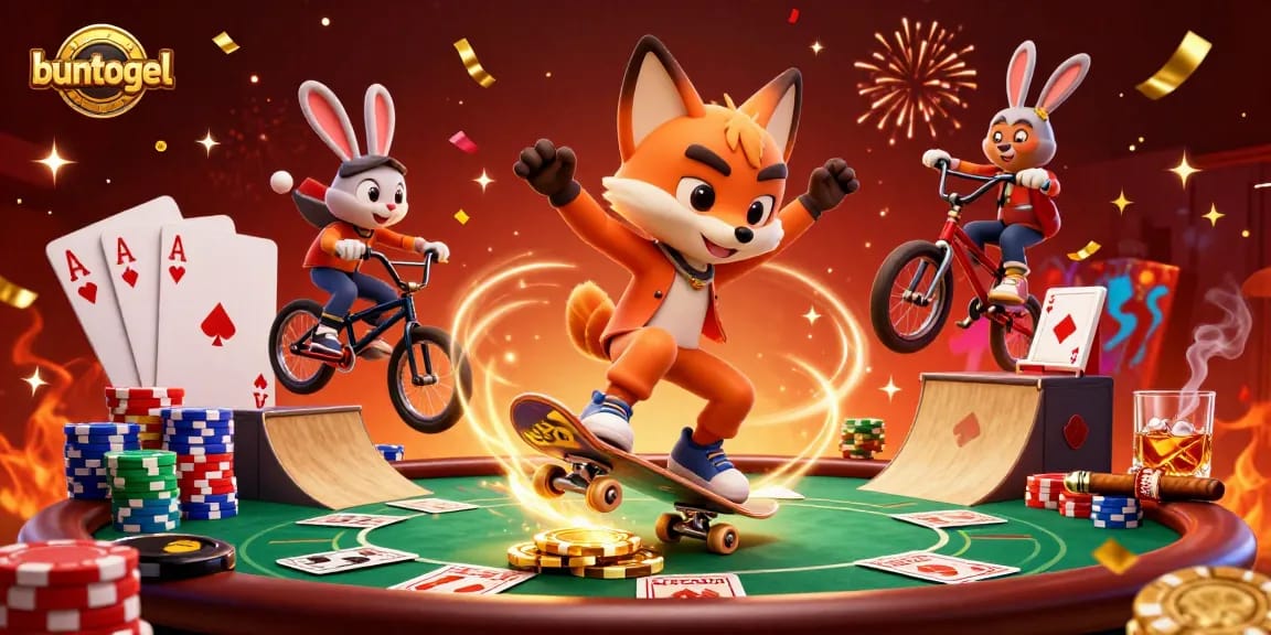 Experience the thrill of gaming at buntogel with vibrant 3D characters showcasing dynamic tricks and casino symbols.