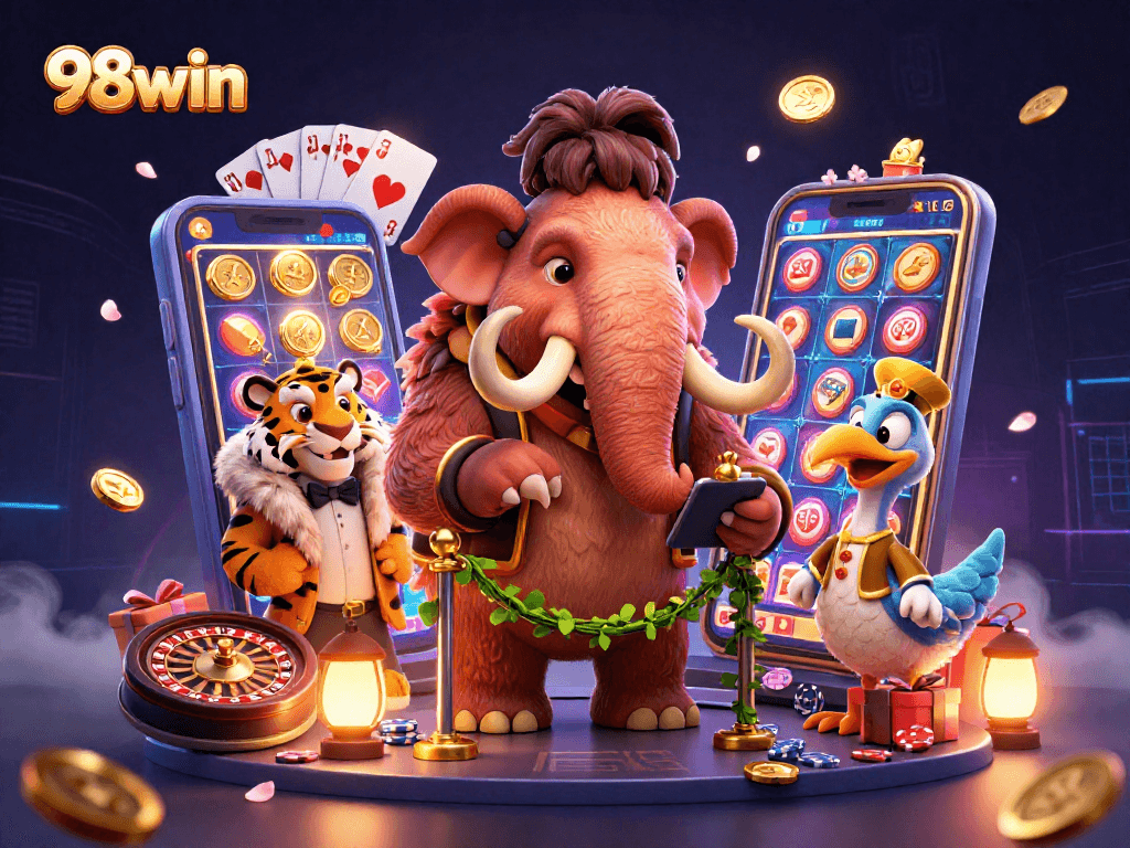 Experience the excitement of 98win with a vibrant casino scene featuring unique characters and games.