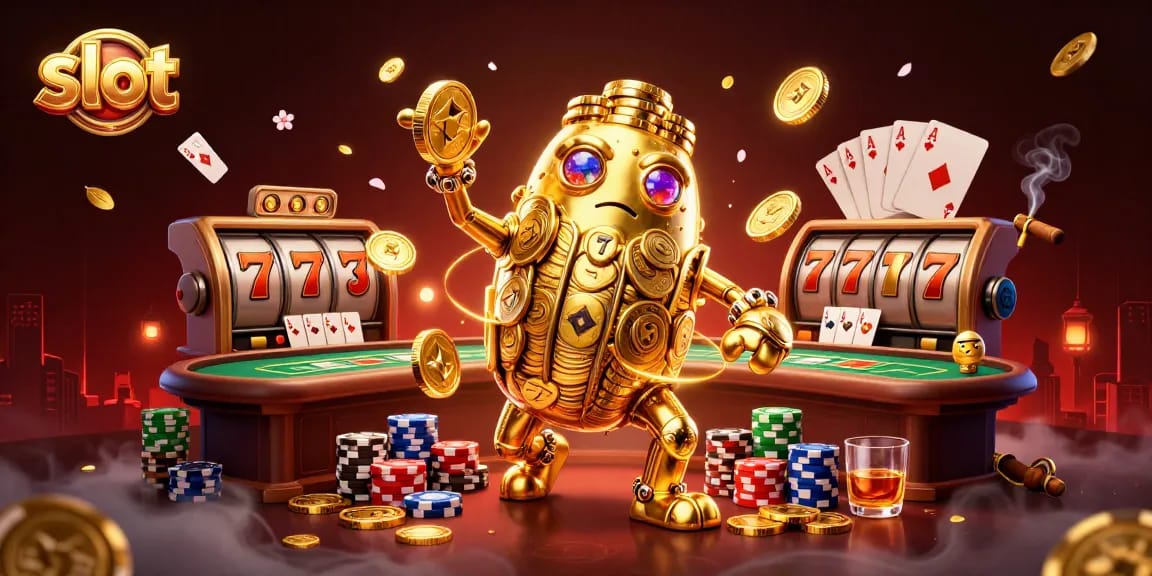 Permainan slot yang menampilkan golem emas kuno dan simbol mesin slot yang berputar, dalam latar suasana kasino.