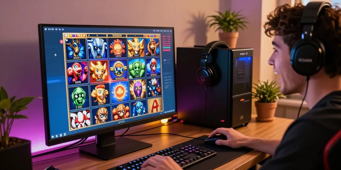 Person enjoying online slot games in a colorful gaming setup.