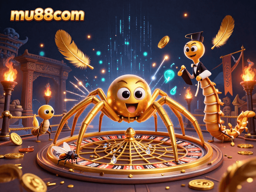 Experience thrilling bets at mu88com with a vibrant 3D illustration of a casino scene featuring a golden spider and croupier.