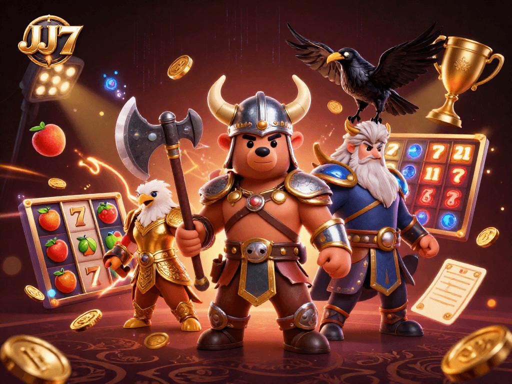 Experience thrilling gameplay at JJ77 with virtual slot reels, a Viking bear, and stunning casino visuals.