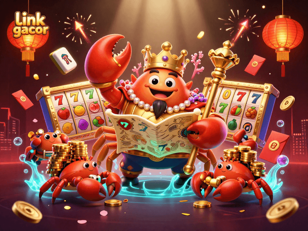 Engage in exciting gaming with link gacor illustrated in a vibrant casino scene featuring a golden crab emperor.