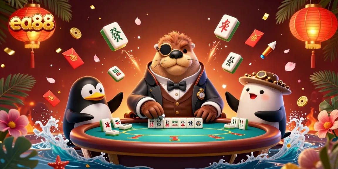 ea88 players enjoying a lively underwater poker game with a jolly walrus, sophisticated penguin dealer, and a bluffing pufferfish