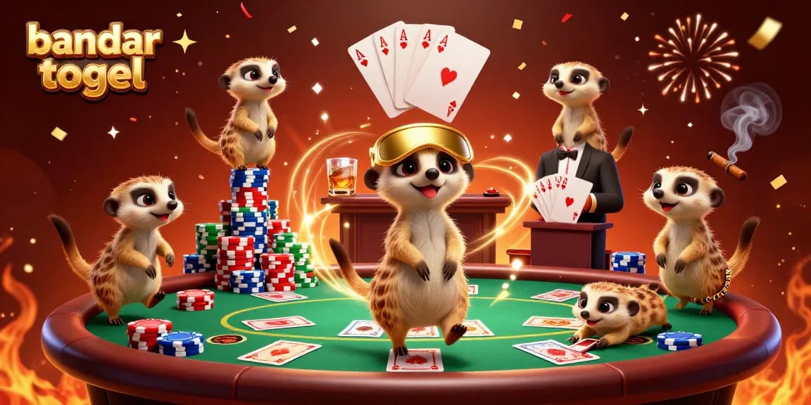Experience vibrant action in bandar togel with playful meerkats managing a lively casino scene.