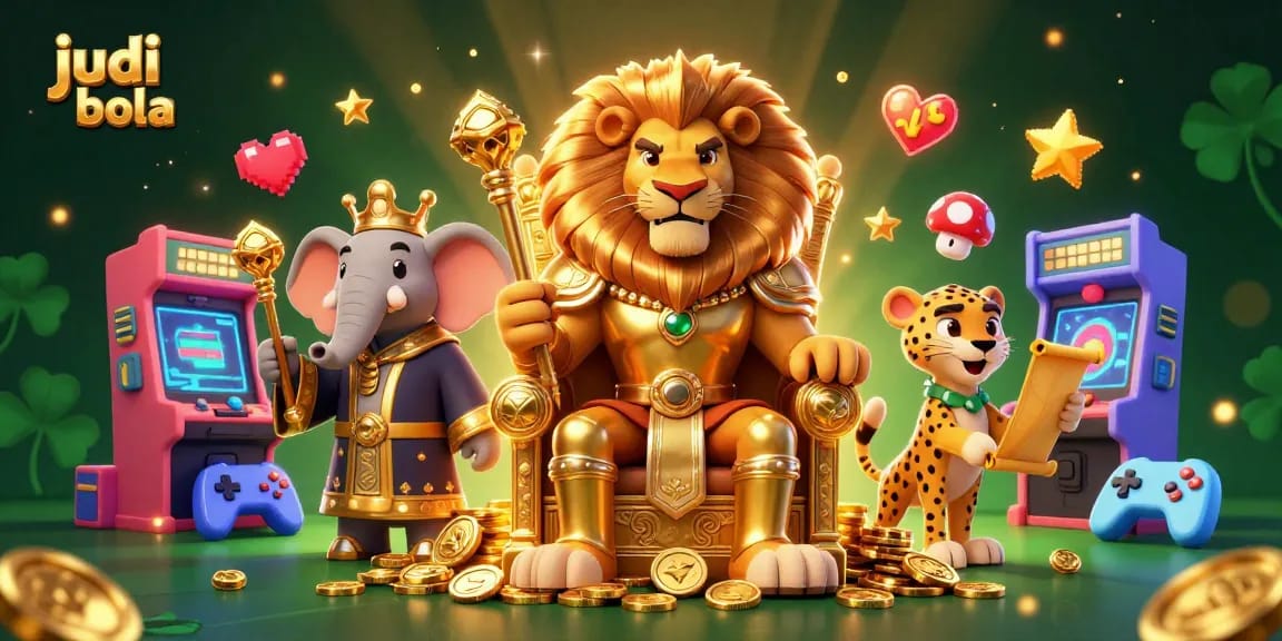 Engage in judi bola excitement with a royal lion king amidst vibrant casino game elements.