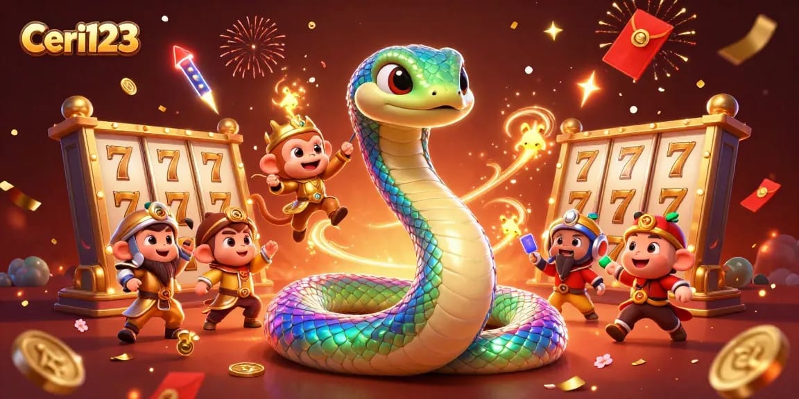 Ceri123 celebrates winning moments with a vibrant scene of a rainbow serpent and a golden monkey king surrounded by slot reels and confetti.