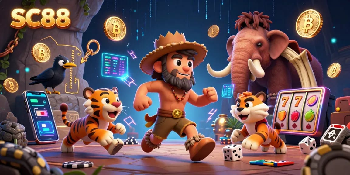 Engage with SC88's thrilling prehistoric casino scene featuring crypto elements and dynamic character interactions.