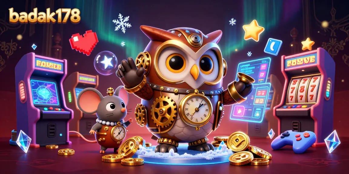 Engage with badak178's vibrant jackpot scene, featuring cartoon owl and casino elements.