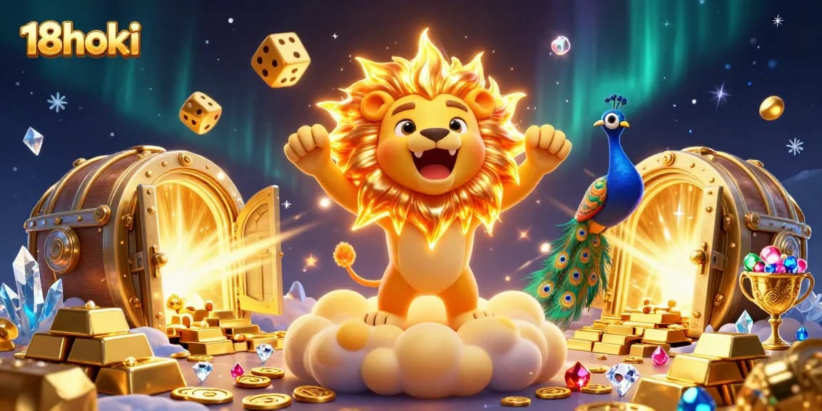 Unlock winnings with the dynamic 18hoki scene featuring a sun lion amidst dazzling casino treasures.