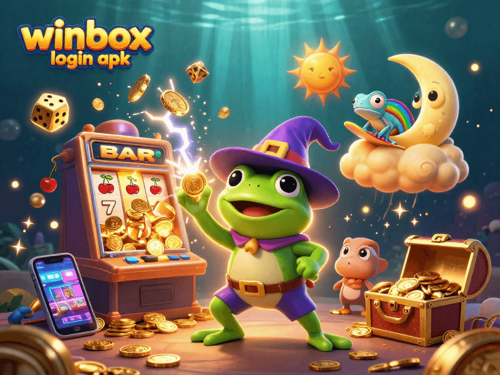 Experience the magic of winbox login apk with golden coins raining from a wizard frog and thrilling games!