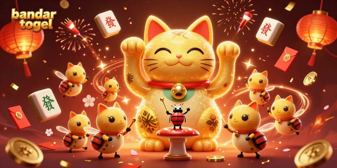 Engage with bandar togel in an exciting illustration of a giant lucky cat and festive casino symbols.