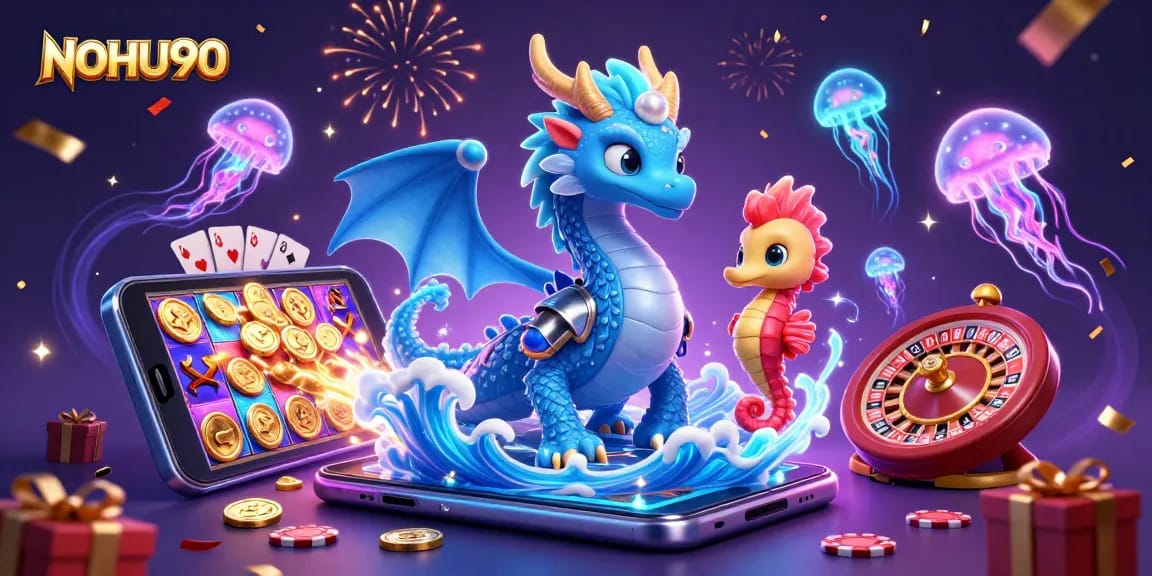 Experience thrilling gameplay with NOHU90 in a vibrant casino scene featuring mythical creatures.