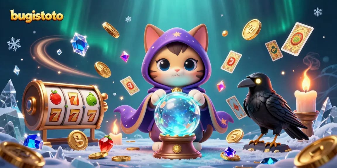 Menampilkan bugistoto dalam ilustrasi kasino, termasuk kucing mistis, burung gagak, dan simbol mesin slot.
