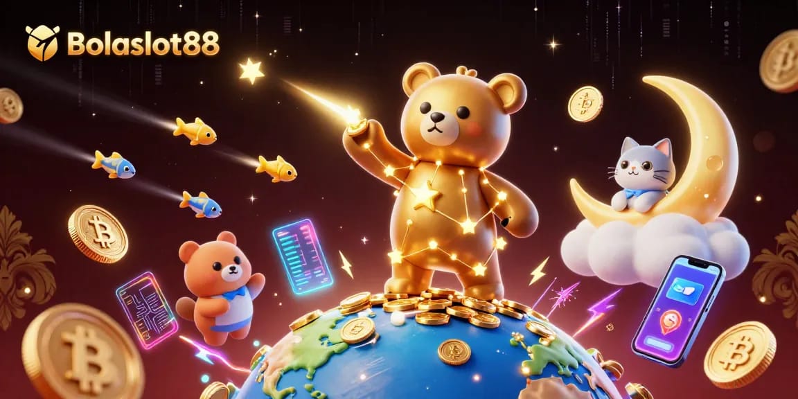 Bolaslot88 features a constellation bear in a vibrant casino-themed scene, collecting coins.