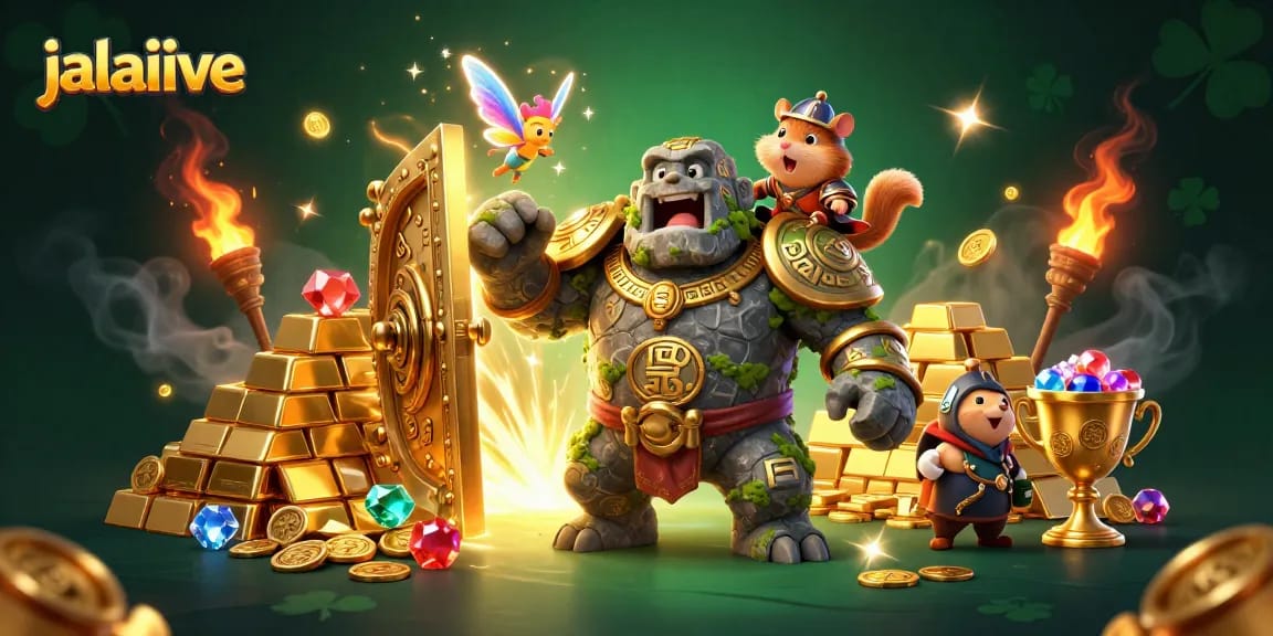 Experience the excitement of jalalive with a magical scene featuring a golem and treasures bursting with golden glory.