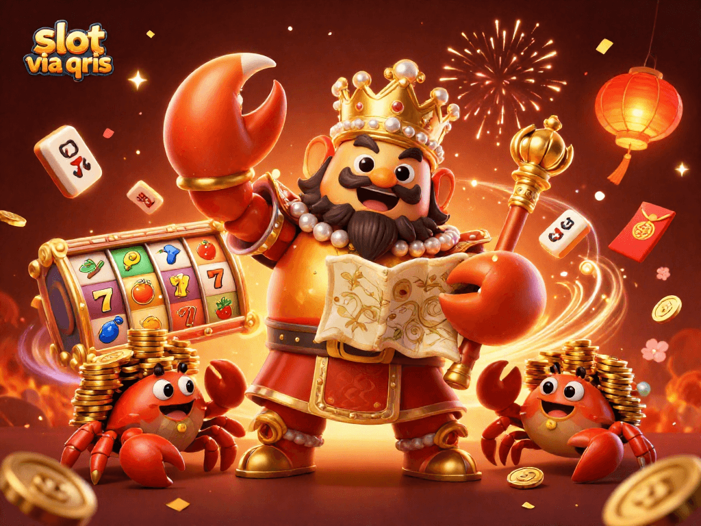 Experience thrilling slots via qris with a golden crab emperor and dynamic casino elements in a festive illustration.