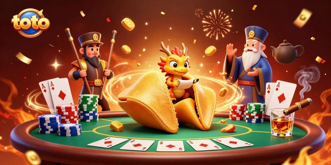 Permainan toto dengan nasib baik di kasino, melibatkan kue keberuntungan dan naga bijak.