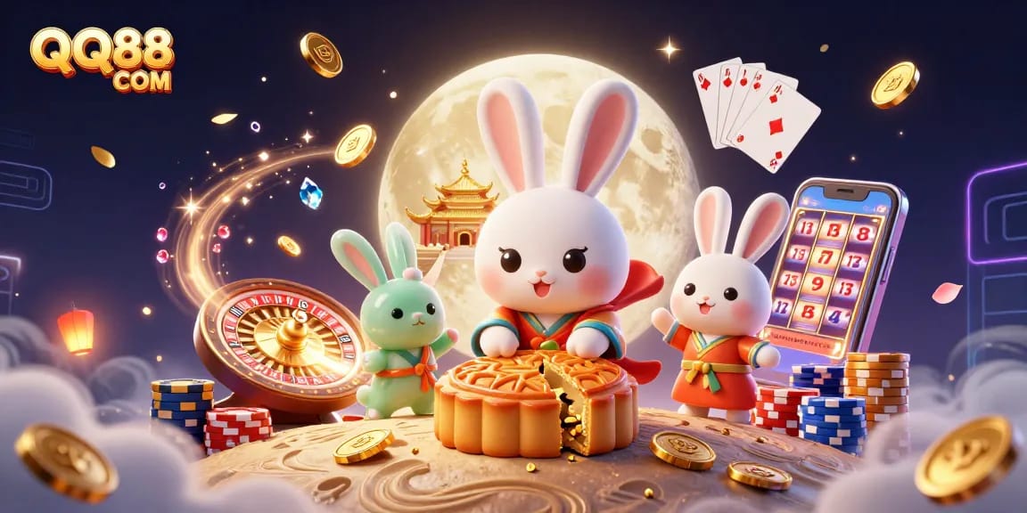 Engage in exciting gameplay at QQ88 COM featuring a vibrant scene with moon rabbits and casino elements.