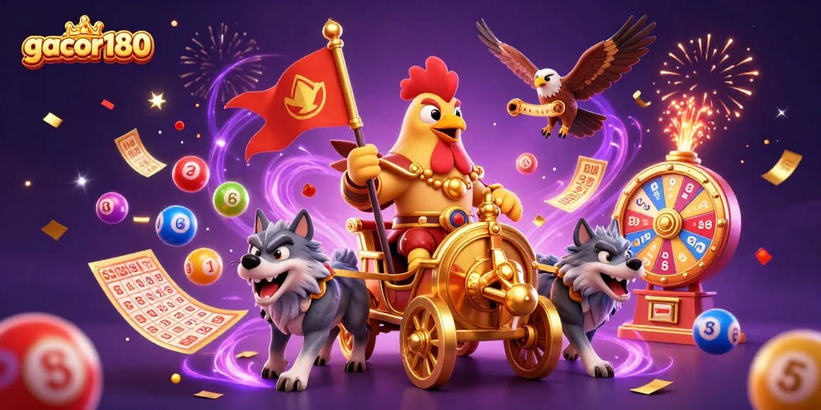 Gacor180 menampilkan ilustrasi kasino meriah dengan karakter ayam jantan, chariot emas, dan bola lotere berwarna-warni.