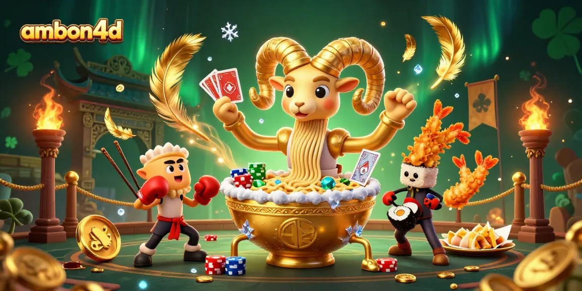Join the ambon4d action with giant ramen bowl and vibrant casino elements.