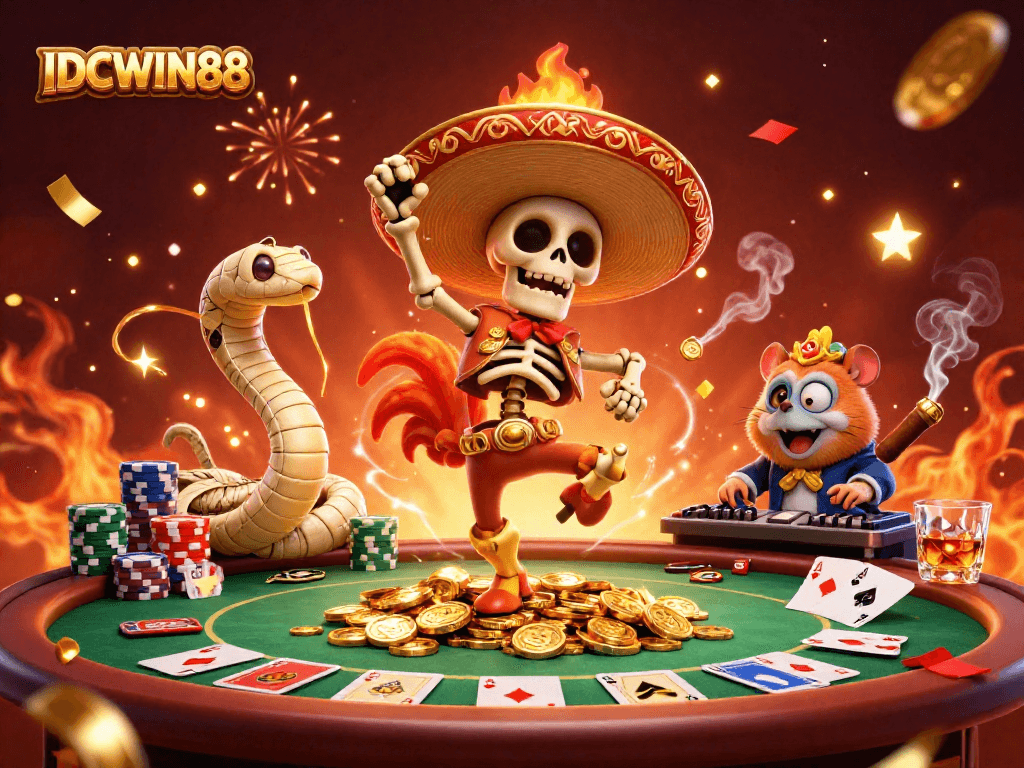 Experience thrilling wins at IDCWIN88 with vibrant casino elements and characters capturing the gaming excitement.