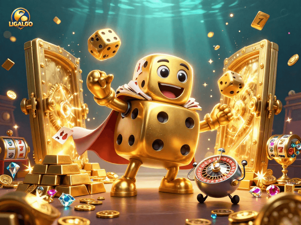 LIGALGO reveals thrilling gaming strategies with a 3D cartoon illustration of a dice golem and golden treasures.