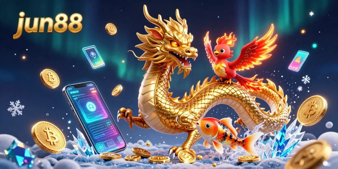 Experience thrilling gaming at jun88 with a dynamic scene featuring a golden dragon, phoenix, and koi fish amidst cryptocurrency elements.