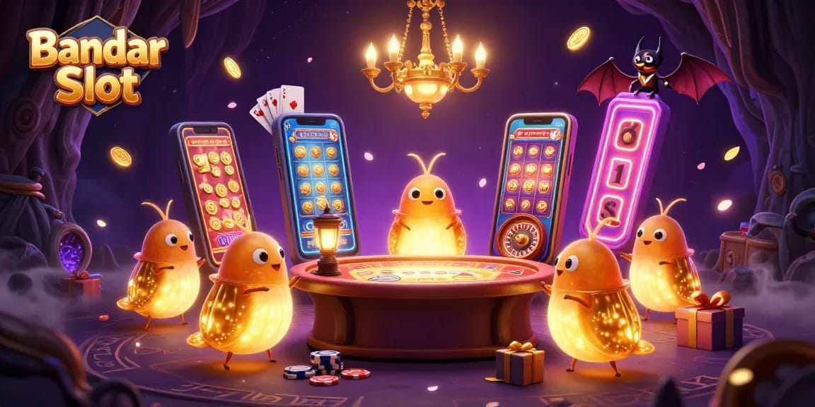 Engage with Bandar Slot's stunning visuals as glowworms illuminate an exciting casino scene filled with games.